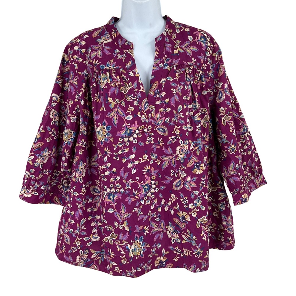 J. Jill Blouse Women XL Purple Cotton Boho Festival Floral Top Cottagecore NEW